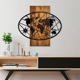 Wallity World Map 4-M Escultura de Pared en Nogal y Negro